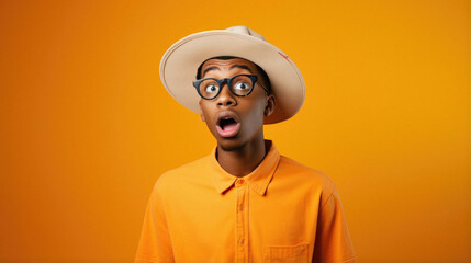 Photo of impressed surprised young dark brown skin guy wear hat looking at camera isolated on orange color background. - obrazy, fototapety, plakaty