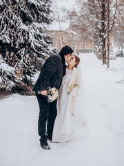 Winter wedding. Newlyweds walking outdoors at winter time