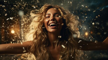 young beautiful blond stylish woman celebrating on party, golden confetti, luxury dress, exited, smiling, having fun