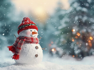 Naklejka na ściany i meble Happy snowman standing in Christmas landscape. Merry Christmas and Happy New Year greeting card