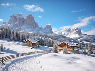 Picturesque landscape with small wooden hut on snowy hills