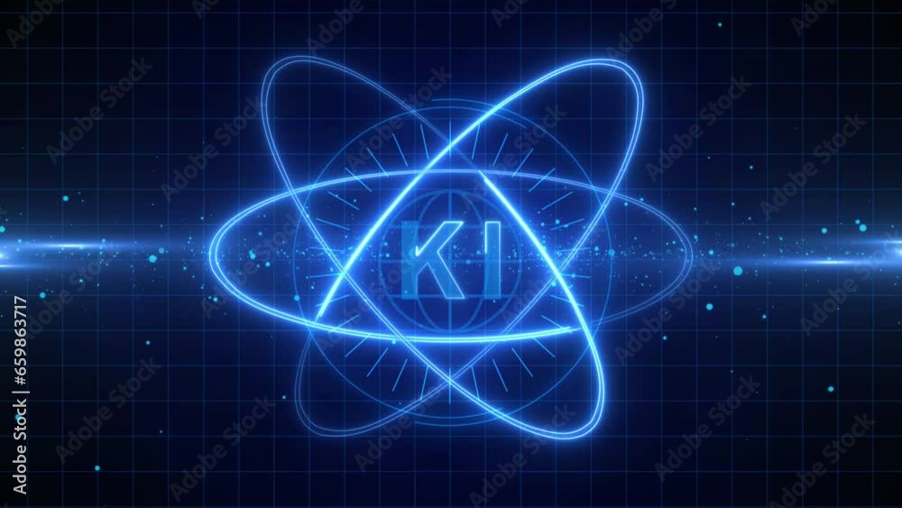 Poster KI artificial intelligence - futuristic science background - KI letters centered in the middle of rotating circles and particle animation