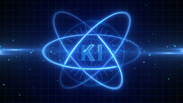 KI artificial intelligence - futuristic science background - KI letters centered in the middle of rotating circles and particle animation