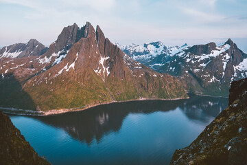 Senja island landscape in Norway rocky mountains and fjord aerial view travel beautiful destinations sunset scenery scandinavian nature summer season