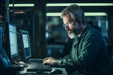 Engineer updating security software on a machine. Shot of a man using a digital tablet while working in a data centre. Senior IT professional in server room. Engineer updating software on a machine.