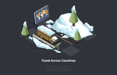 World Tourism And Travel Across Country. Snowy Bus In Mountains Parked On Parking. Help in choosing best route, parking lots, gas stations, and interesting locations. Isometric 3d Vector Illustration - Powered by Adobe