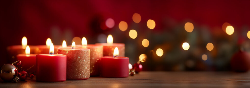 Christmas and New Year candles and ornaments with bokeh lights red background. Advent background and defocused lights copy space banner Merry Christmas and Happy New Year
