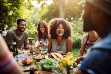 happy group of friends enjoying a vegan picnic in park