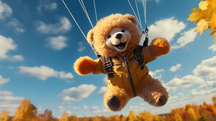 Tuinposter bear generated plush children's toy parachutist, skydiving, surrounded by falling autumn leaves, joke insurance postcard © kichigin19
