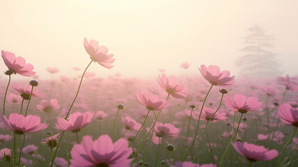 wild flowers, pink gerberas, daisies in the field, landscape view close-up of many pink flowers,...