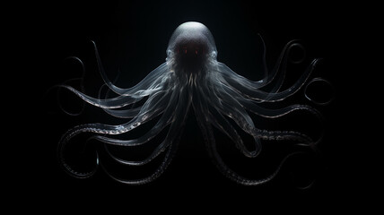 octopus kraken, a fictional deep-sea luminous transparent creature, light ocean depth, layer for overlay isolated on a black background - obrazy, fototapety, plakaty