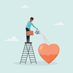 Passion for work, motivation to succeed and win business competition, mindset or attitude towards work. The guy waters his heart. Vector illustration.
