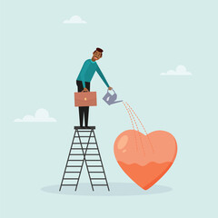 Passion for work, motivation to succeed and win business competition, mindset or attitude towards work. The guy waters his heart. Vector illustration.
