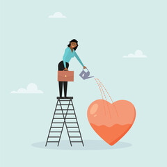 Passion for work, motivation to succeed and win business competition, mindset or attitude towards work. The girl waters her heart. Vector illustration.
