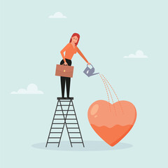 Passion for work, motivation to succeed and win business competition, mindset or attitude towards work. The girl waters her heart. Vector illustration.
 - obrazy, fototapety, plakaty