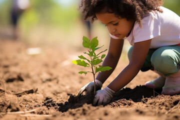 young child planting a tree sapling - obrazy, fototapety, plakaty