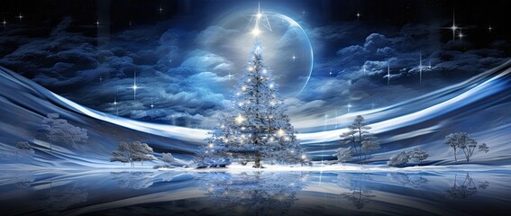 Image of a Christmas tree with a holiday background in light indigo and silver colors with snow. Generative AI