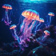 Obraz na płótnie Canvas Neon blue and purple translucent jelly fish under water