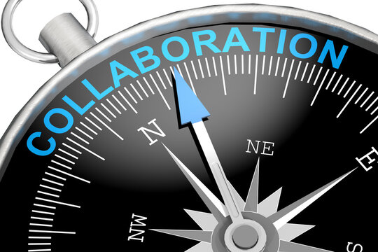 Collaboration word on black compass