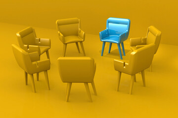 Leadership concept with blue chair lead rows of yellow chair