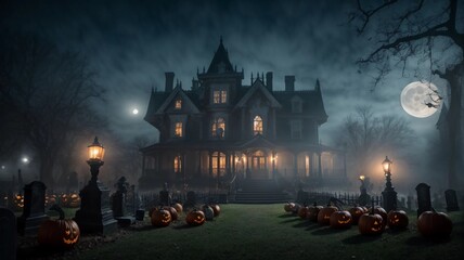 Spooky Halloween night scene with a haunted mansion, a full moon, and eerie fog creeping through the graveyard