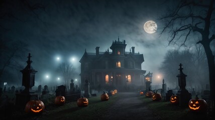 Spooky Halloween night scene with a haunted mansion, a full moon, and eerie fog creeping through the graveyard