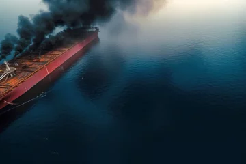 Türaufkleber Ecological disaster, oil spill in ocean near tanker, top view. Commercial delivery. AI generated. © Serhii
