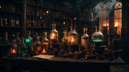 Illustration of a spooky laboratory with bubbling potions, flickering candles, and ancient spell books - obrazy, fototapety, plakaty