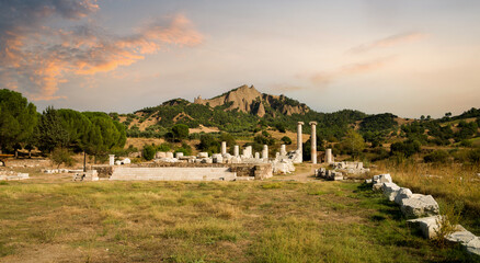Fototapeta na wymiar The Temple of Artemis. Sardes (Sardis) Ancient city at afternoon. Manisa, Turkey. The most visited ancient buildings in Turkey. 