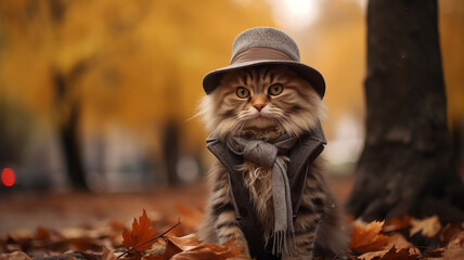 cat in autumn clothes in autumn park leaf fall, change autumn season calendar, joke - obrazy, fototapety, plakaty