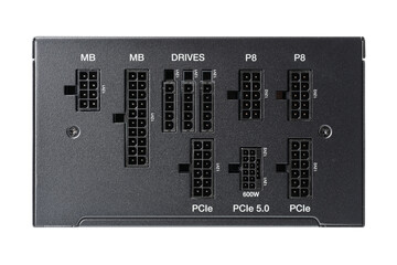 Computer power supply unit isolated on white background. Power supply for motherboard computer. PCIe 5.0 Power Connector 600W. PCI express