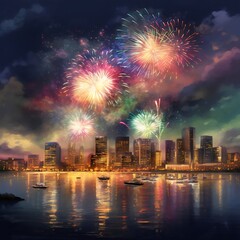 Fototapeta premium Colorful fireworks over city skyline created with AI