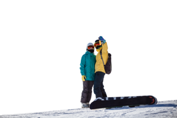 Skiers taking picture of themselves with smartphone