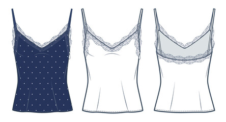 Lace Tank Top technical fashion illustration, polka-dot design. Strap Top fashion flat technical drawing template, side zip-up, front and back view, white, blue color, women CAD mockup set. © Liubov Hladka