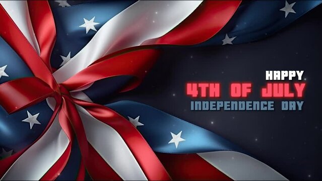 Happy 4th of July greeting animation, lettering text with waving USA flag background and fireworks splash, Happy Independence Day united states of america concept, for banner, feed, stories