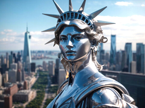AI generative image portrait of The Metallic Statue of Liberty in the future world, close-up portrait, blurred image background of the future New York City.