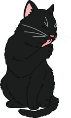 Hand drawn black cat sitting and grooming illustration
