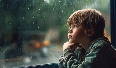Sad cute child looking trough the window on a rainy day. Pensive child looking out window during rainy day. Thoughtful young child standing by window looks sad - obrazy, fototapety, plakaty