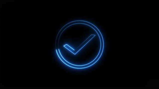 Check mark icon neon blue color animated background 4k video