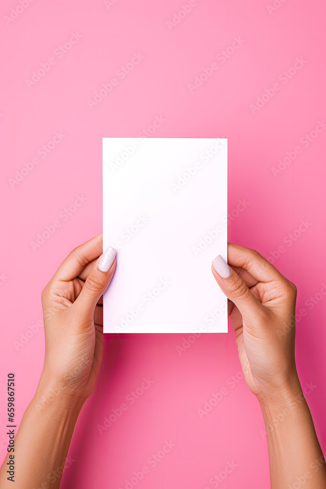 Wall mural female hands with blank business card or discount card on flat color background with copy space (2)