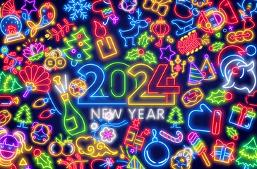 2024 neon labels collection. Happy New Year banners on brick wall. Comics explosion frame. Glowing signboard.