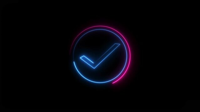 Tick mark icon blue, pink color  neon animated background 4k video