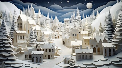 Winter city with buildings and trees in paper cut style at the night sky background.
