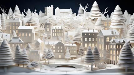 Winter city in paper cut style at the night sky background.