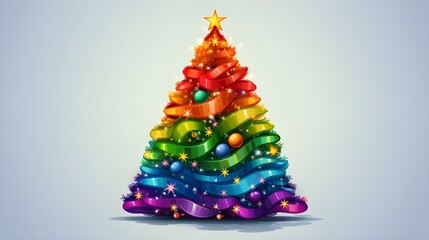 Christmass tree in LGBT flag colors. Christmass tree with colorfull christmass tree toys at the blue background.