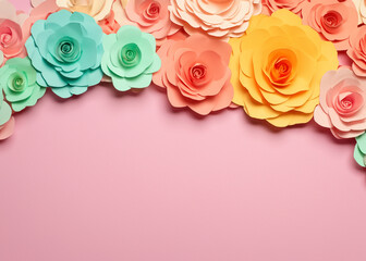 abstract flower background made of paper in pastel colours with copy space, good for post card, invitation or gift card, created with generative ai technology