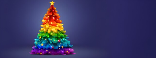 Christmass tree in LGBT flag colors. Christmass tree with colorfull christmass tree toys at the blue background,banner,copy space.