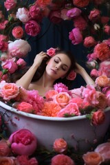glamour editorial fashion portrait of a young female model soaking in a bathtub full of colorful flowers pink peonies and red roses