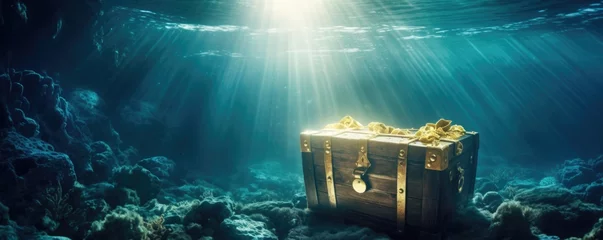 Fotobehang treasure chest underwater in deep ocean © krissikunterbunt