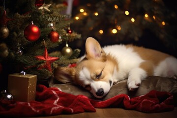 Cute corgi puppy dog sleeping under the christmas tree. bokeh background